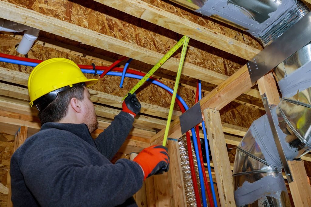 Male builder measuring plastic pipes with new home construction in hot and cold blue and red pex pipe layout in pipes exposed beams