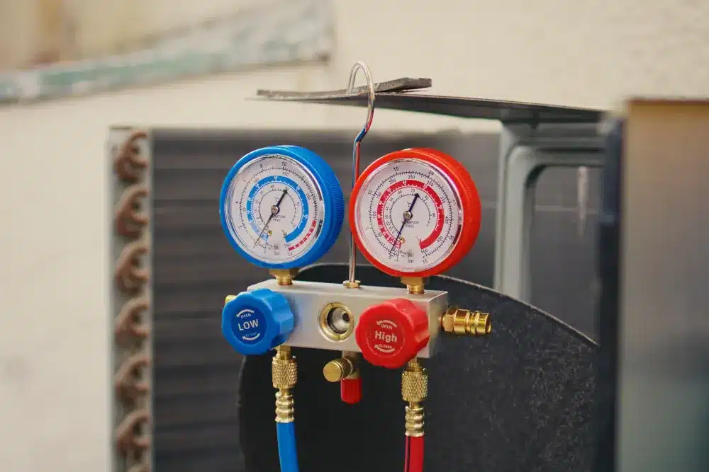 Close up of freon manifold gauges