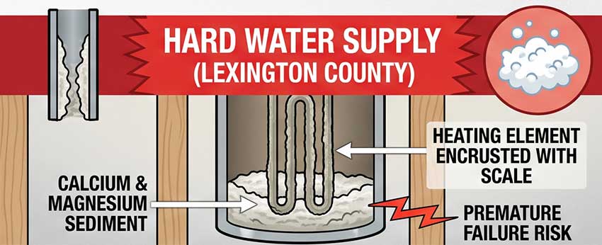 Hard water signs: water heater element covered with scale.