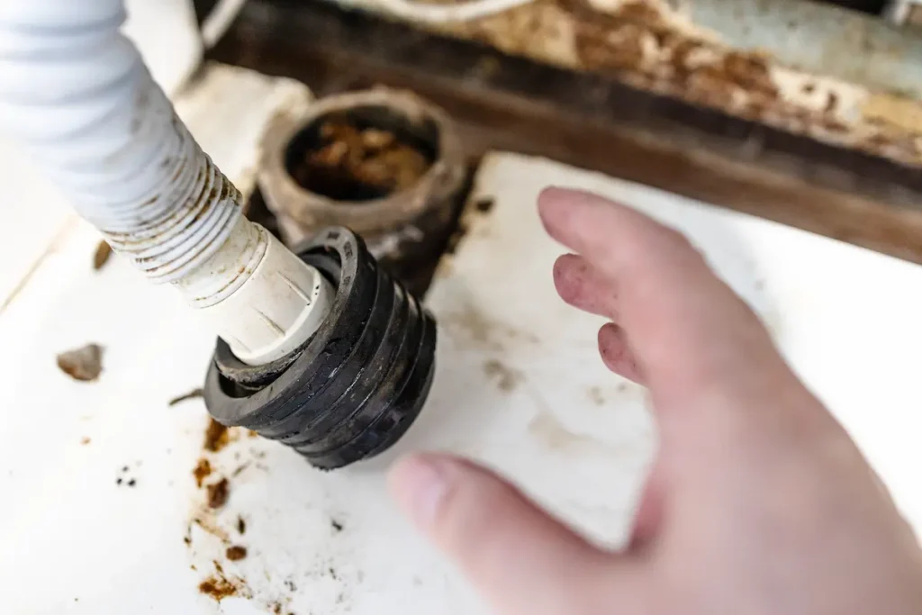 Hand of plumber near corrugated drain hose, drain cleaning